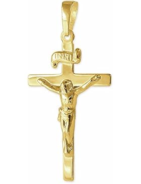 CLEVER SCHMUCK Goldener Anhänger Jesus Kreuz 25 mm INRI flache elegante Form und glänzend 333 GOLD 8 KARAT