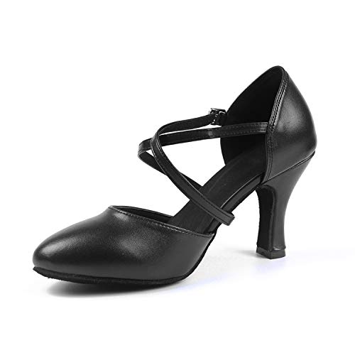 Naudamp Femmes Bandoulière en Cuir Salsa Danse Salle de Bal Latin Talons Hauts Danse Chaussures, Noir 8cm, 40 EU