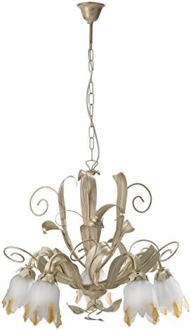 Onli Elena Gold Ivory spennellato Metal Chandelier – Leaves Decoration, Calla White with Satin Glass Shades Shades ambra. Classic, Rustic, Elegant Style. 5 x e14. Bedroom, Living Room.