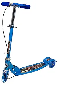 HCN 3 Wheel Metal Foldable Skate Scooter with Light up Wheels and Height Adjustable Handlebar Break and Bell for Kids Boys Girls (Blue)