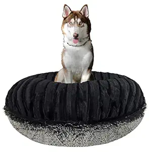 BESSIE AND BARNIE Signature Black Puma/Midnight Frost Luxury Shag Extra Plush Faux Fur Bagel Pet/Dog Bed (Multiple Sizes)