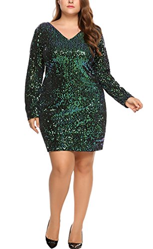 Busyall Damen langärmelig Abendkleid mit Pailletten V-Ausschnitt Partykleider Paillettenkleid Cocktailkleid, Grün, Gr. 42(16W) - 6
