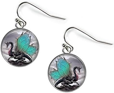 Winged Dragon - Glass Picture Earrings – Silver Plated (Art Print Photo M9)