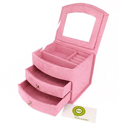 Preisvergleich Produktbild Bcony Rosa Suedette Mini Drei Schicht Schmuckkästen / Schmuckschatullen / Schmuckschränke / Schmuckaufbewahrung / Aufbewahrungs boxen koffer Veranstalter mit Spiegel