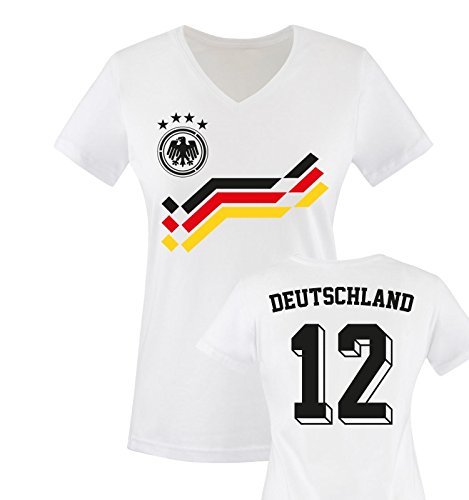 EM 2016 – RETRO-TRIKOT – DEUTSCHLAND – 12 – Damen V-Neck T-Shirt – Weiss / Schwarz-Rot-Gelb Gr. M