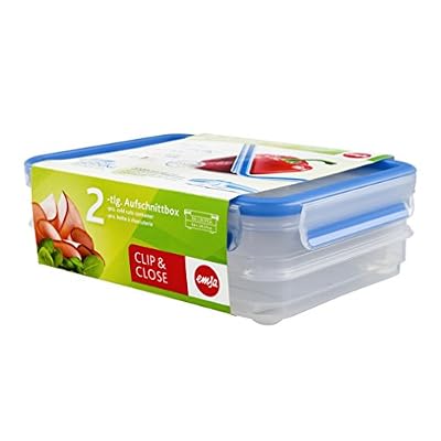 Emsa 513576, 2 Boîtes alimentaires empilables par clip, 0,60 L, 100% hermétique, Transparent/bleu, Clip & Close