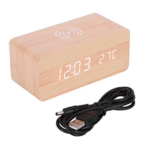 Eboxer Horloge Numérique Multifonctionnelle Horloge à Miroir LED 12/24 H Alarme Température Chargeur sans Fil Qi pour Maison Bureau Camping (Bambou + lumière Blanche)