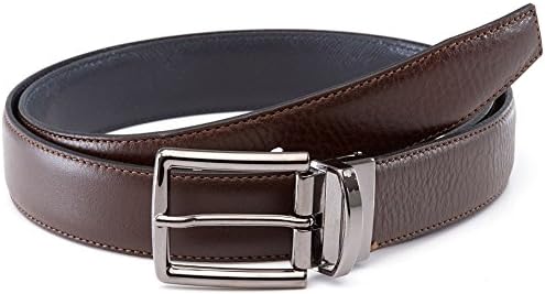 Men Reversible Leather Belt Slim Strap-LUCHENGYI Full Grain Leather Made in Italy Narrow Style 30mm Brown and Blue Gift Box 44