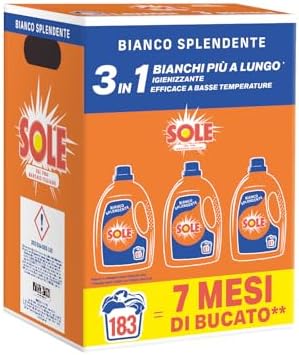 Sole Detersivo Lavatrice Bianco splendente 183 Lavaggi, Formula igienizzante, Detersivo Lavatrice Liquido Bianco Splendente, rimuove le macchie a basse temperature