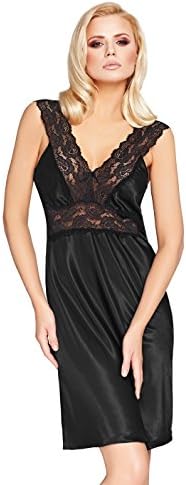 Postero PN019 Luxury Satin Nightie Chemise Nightdress Nightgown Slip Black Medium