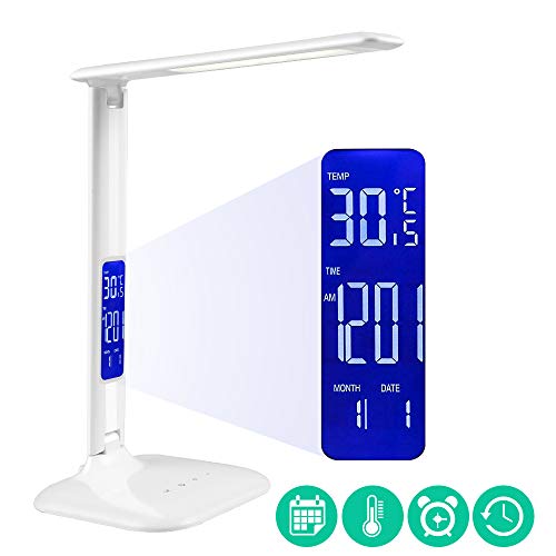 Preisvergleich Produktbild LED Schreibtischlampe, Tischlampe mit LCD-Anzeige, Kalender, Temperatur, Alarm, 5 Helligkeitsstufen, 3 Beleuchtungs modi Warmes Licht, kaltes Licht und natürliches Licht