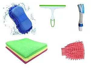 SACRED CAR ACCESSORIES Car Cleaning Combo of 3 Microfiber Towel Pack (280 GSM, 40 x 40 cm Each), Microfiber Sponge, Glass Wiper, AC Car Cleaner, Microfiber Gloves (Colour May Vary as Per Availability)