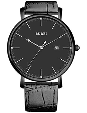 BUREI® Herren Quarz Armbanduhr Ultradünnes Schwarz Lederband Uhr Tagesanzeige Wasserdicht Uhr