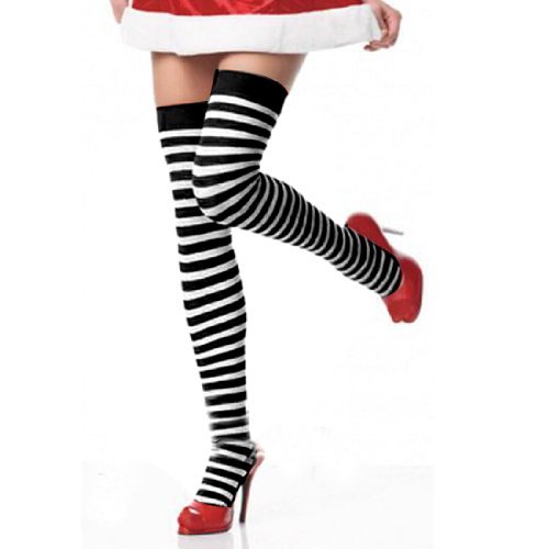 Move&Moving(TM) Ladies Pair Elastic Stripes Design Thigh High Stockings Black White