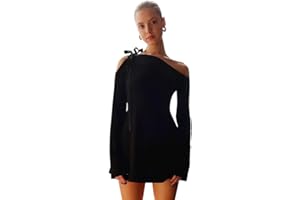 BKEPDY Vestito Donna Corto Monospalla Mini Abito Sexy Maniche Lunghe Elegante Abiti Autunnali Nero da Sera Casual Discoteca Aderente Dress Miniabiti Cocktail Party