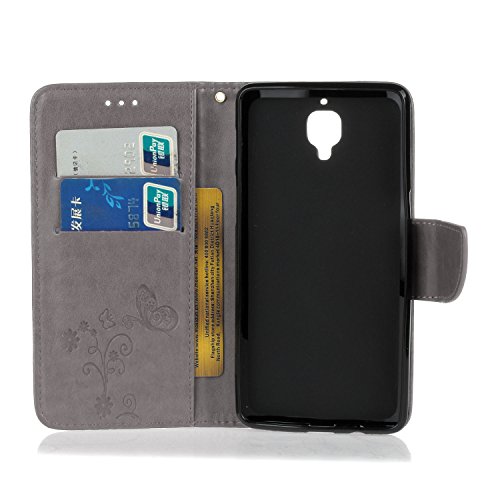 OnePlus 3 / OnePlus 3T Hülle,Cozy Hut ® Schmetterling Series Book Type Slim Fit Soft Silikon Magnetverschluss Schutzhülle PU Leder Hülle Flip Wallet Case Kunst leder Tasche Cover mit Standfunktion und Kartenfächer für OnePlus 3 / OnePlus 3T – grau - 3