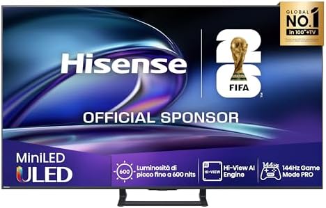 Hisense TV 65" Mini-LED 144Hz 4K 2025 65E8Q, Smart TV VIDAA U8, Dolby Vision IQ, HDR 10+ Adaptive, 144Hz Game Mode PRO, Dolby Atmos 2.1 con Subwoofer, Alexa Built-in, VIDAA Voice, lativù 4K, 65''