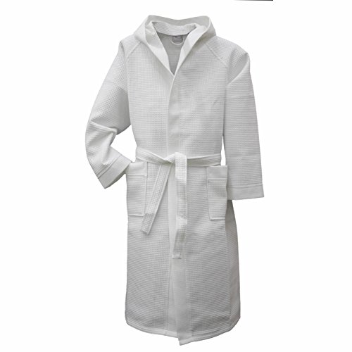 sinlook Waffel-Pique Bademantel lang mit Kapuze Unisex Größe M (46/48) weiss 100% Baumwolle