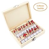 【Diferentes brocas de enrutador】: este kit de 15 piezas incluye broca recta, broca Cove Box, broca ranurada "V" a 90 °, broca de mortero, esquina en esquina, broca de cola de milano, broca de tapa, broca de flauta, chaflán de 45 °, broca de piloto de panel, romana Ogee. Variedad de opciones para satisfacer sus necesidades.