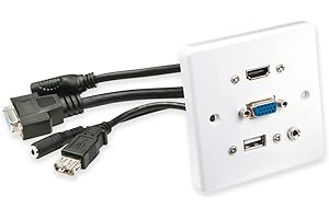 Lindy Multi AV Faceplate, Single Gang, HDMI, VGA, USB Type A, 3.5mm Audio, Fits a Standard UK Mains Back Box, 10cm Trailing Leads, White