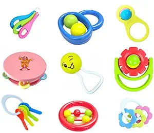 Little Innocents BPA-Free Non Toxic Colorful Plastic 6 Shake & Grab Rattles & 3 Soothing Teether for Babies & Infants, Early Age Toys for New Borns (Set of 9, Multicolor)?