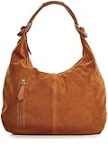  CNTMP Damen Schultertasche Leder, Hobo-Bag, Leder Handtasche Damen, Beuteltasche Wildleder, Leder-Tasche DIN-A4, 44x36x4cm (B x H x T), Farbe:Braun (Cognac)
