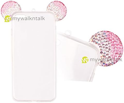 3D Bling Mickey Mouse Ears Shiny Glitter Crystal Diamond Back Case Cover Transparent Soft TPU With Free Neck Strap For Apple iPhone 6 Plus - Silver and Pink