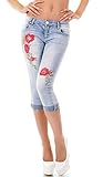 Moderne Capri-Jeans mit Blumenstickerei und Schmuck-Applikation in light blue