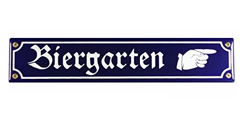 Buddel Bini Schild Straßenschild Biergarten Hand rechts Email Strassen Emaille, 40 x 8 cm, blau