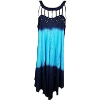 Mogul Interior Women Cocktail Sleeveless Dress Rayon Stylish Embroidered Blue Flared Sundress L
