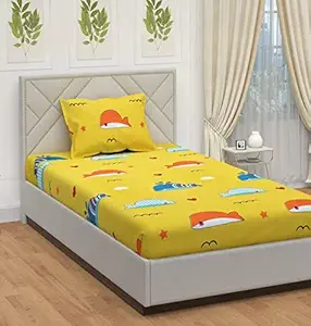 innovative edge Single Bed Elastic bedsheet Glace Cotton with 1 Pillow Cover for Kids | Yellow