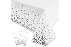 YAAVAAW 2Pcs 137*274cm White and Silver Disposable Table Cloth Table Covers,Party Dot Confetti Rectangular Tablecover Plastic Tablecloths for Picnic,Baby Shower,Wedding,Christmas,Birthday Parties Decor