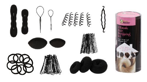 Bundle Monster 9in1 Fashion Hair Design Styling Tools Accessories Kit- Bun Maker, Roller, Braid Twist, Elastics, Pins for BLACK Hair Color