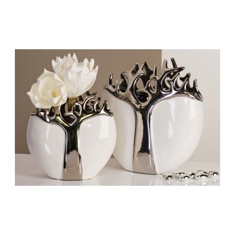 Designer Vase Tree aus Keramik weiß/silber mit silbernem Baumdesign Höhe 21 cm