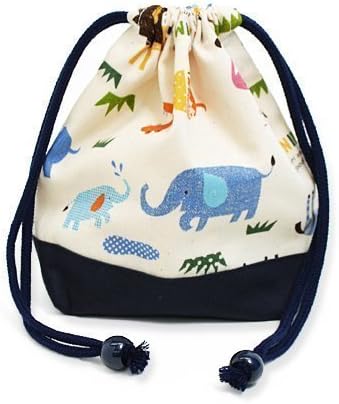 Drawstring Gokigen lunch (small size) with gusset bag cup Savannah crossing animal parade (generation) x Ox navy blue made in Japan N3563900 (japan import)