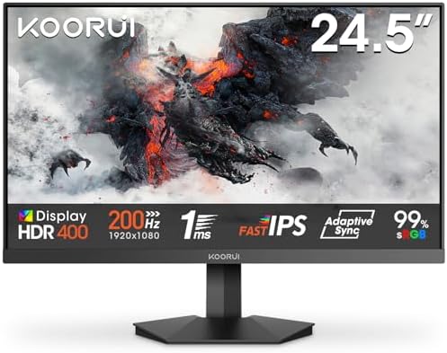 KOORUI G2511P 25 Pollici Gaming Monitor, Full HD 1080p, Fast IPS, 200Hz, 1ms, HDMI(2.0)*2, Adaptive Sync, VESA (75mm*75mm) Compatibile, Eye Care, Inclinazione Regolabile