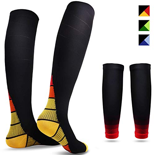 REIDAY Calcetines de compresión,Medias de compresión,1 Pares Medias y 1 Pare Mangas de Pantorrilla,Calentadores de Pantorrilla de Compresión Graduada (Amarillo, L/XL)