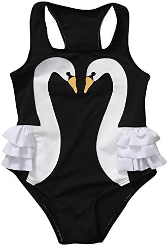 Kids Toddler Girls Swan Print One Piece Swimsuits Ruffle Bathing Suit Beachwear (Black, 2-3Y)