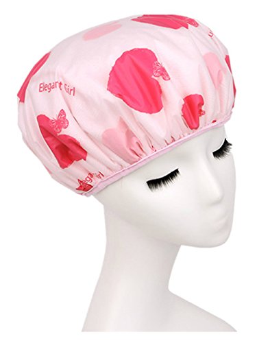 Moolecole Women Love Heart Printed Waterproof Hair Dry Lined Shower Cap Double Layer Bathing Cap Elastic Band Spa Shower Hat Pink