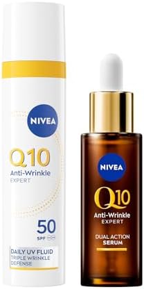 NIVEA Q10 Expert Skincare Kit Anti-Rughe, Set skincare completo con Siero Viso Doppia Azione 30 ml e Fluido UV Quotidiano Crema Viso SPF 50 40 ml per una pelle protetta e dall'aspetto più giovane