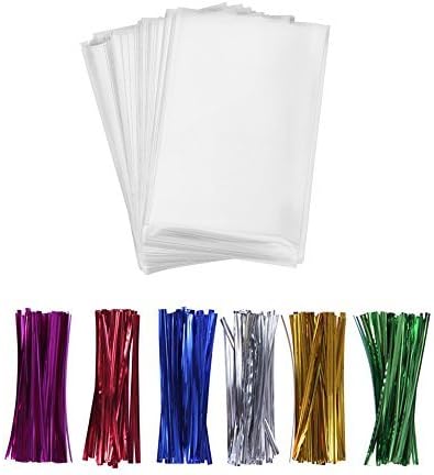 200 Treat Bags with 200 4" Twist Ties 6 Mix Colors - 1.4mils Thickness OPP Plastic Bags (4'' x 6'')