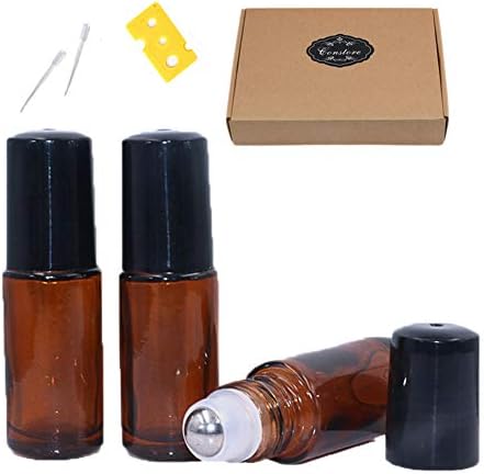 ConStore 18 Pack Essential Oil Roller Bottles 5ml Thick Glass Rollon Containers for Travel Perfume Sample Cosmetic Roller Ball Bottle DIY Aromatherapy vials (Amber Glass,1pc Opener&Box,2pcs Dropper)