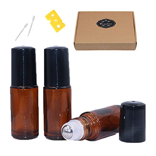 ConStore 18 Pack Essential Oil Roller Bottles 5ml Thick Glass Rollon Containers for Travel Perfume Sample Cosmetic Roller Ball Bottle DIY Aromatherapy vials (Amber Glass,1pc Opener&Box,2pcs Dropper)