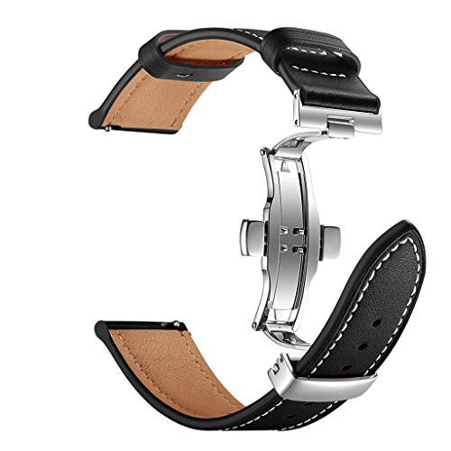 Preisvergleich Produktbild Mumuj Echtleder Watch Band , Lederarmbanduhr Band Silber Schmetterlings Schnalle Edelstahlband Gliederarmband Dekorativer Zubehör Uhrenarmband für Huawei GT Uhr 22mm (Schwarz)