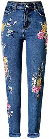 Wgwioo Women Jeans High Waisted Denim Disco Stretchy Zipper Pocket Popular Dimensional 3D Heavy Process Birdie Flower Embroidery Straight Pants Trouser . Deep Blue . 38