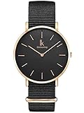 Alienwork Damen Herren Armbanduhr Quarz Rose-Gold mit NATO-Armband schwarz Ultra-flach Slim-Uhr