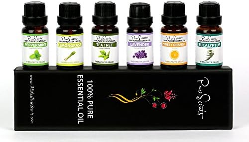 Best Essential Oils Gift Set by PureScents, 100% Pure, Six 10ml (0.34 fl oz) Aromatherapy Oils. Perfect to kill Germs, Bad Smells and a Bad Mood, great for a Relaxing and Rejuvenating Experience!