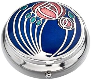 Pill Box - RENNIE MACKINTOSH Flower Design - Enamelled Pewterware - Dusky Pink on Blue