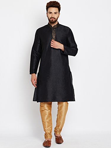 Sojanya (Since 1958), Mens Black Dupion Silk Kurta Churidaar, With self brocade design in front RS.1499 (73.00% Off) - Amazon