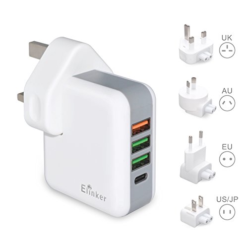 USB Ladegerät Elinker®4-Ports Universal Reiseadapter mit EU / UK / US / AU Steckdosenadapter 3.0 Tech Type C für MacBook Wandladegerät Reisestecker für Apple iPhone, iPad, Samsung Galaxy, Smartphone, Tablet, Power Bank (CE Zertifiziert)